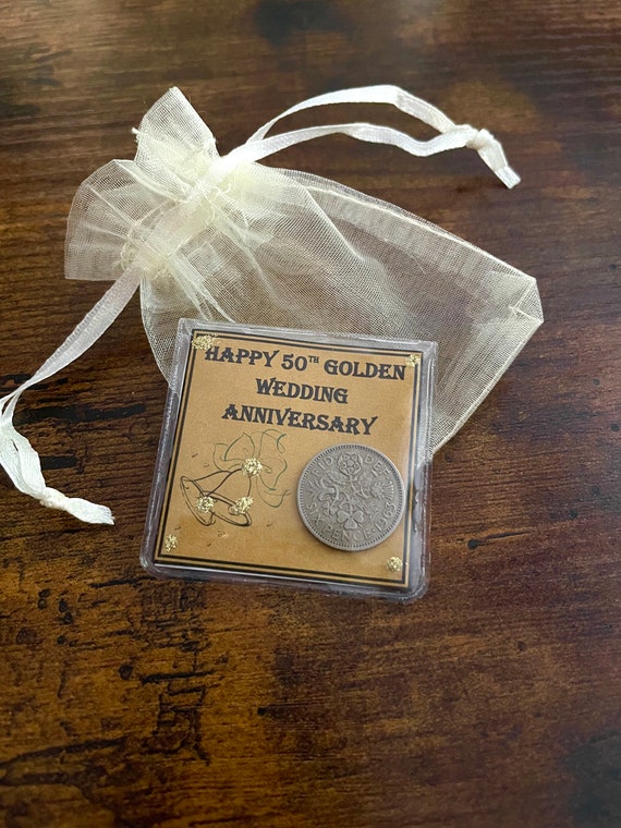 Happy 50th GOLDEN Wedding Anniversary Lucky English Old Sixpence Coin Keepsake Wallet Purse Bells White Gold Card Quirky Gift Organza Bag