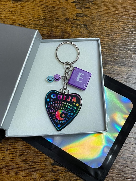 PERSONALISED Scrabble Board Initial Letter Planchette Rainbow Ouija Smiley Faces Key Or Bag Charm Halloween Birthday Spooky Fun Quirky Gift