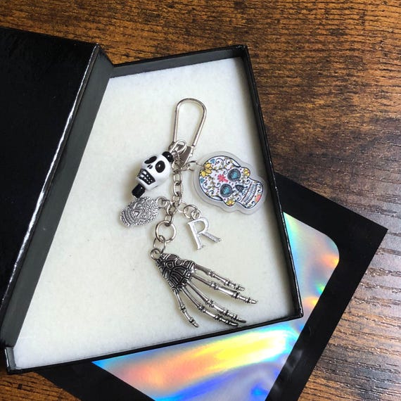 Personalised Initial LAND Of The DEAD Inspired Keepsake Keyring Or Bag Charm Different Types Of Skeletons Hand Gift Box HALLOWEEN Scary Fun