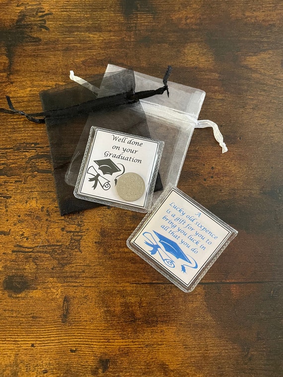 Well done on your graduation keepsake lucky sixpence British coin wallet purse for luck mortar hat and diploma picture gift bag any colour