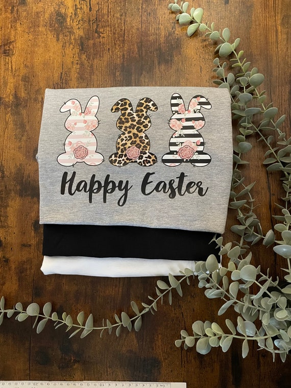 HAPPY EASTER Vinyl Printed T-shirt 3 Bunny Rabbits Designer Style Leopard Print Any Colour T-shirt Celebrates Easter Sunday Keepsake Quirky
