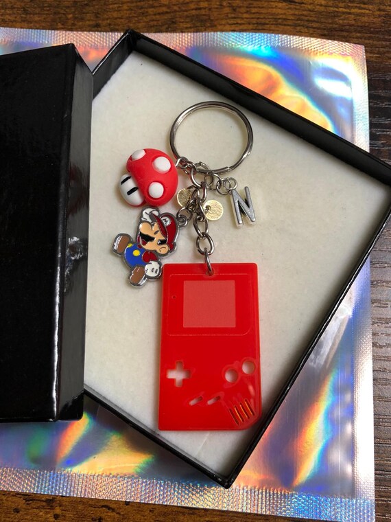 Personalised Initial Letter Super Mario Nintendo Inspired Key Ring Charm Mushroom Gold Coins Gameboy Red Gift Box Bag Retro Novelty Keepsake