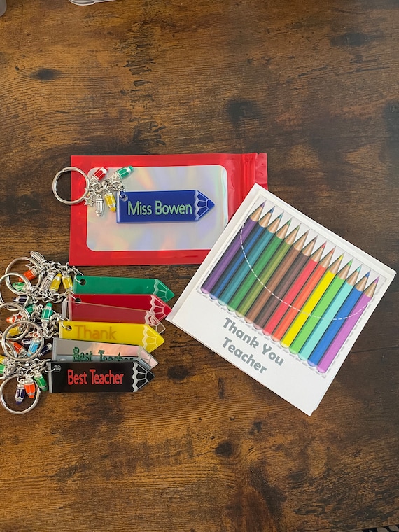 PERSONALISED Large Pencil Key Charm Pendant Set Small Pencils FREE Card Shimmer Gift Bag Acrylic Any Colour Vinyl Print Thank You End Term