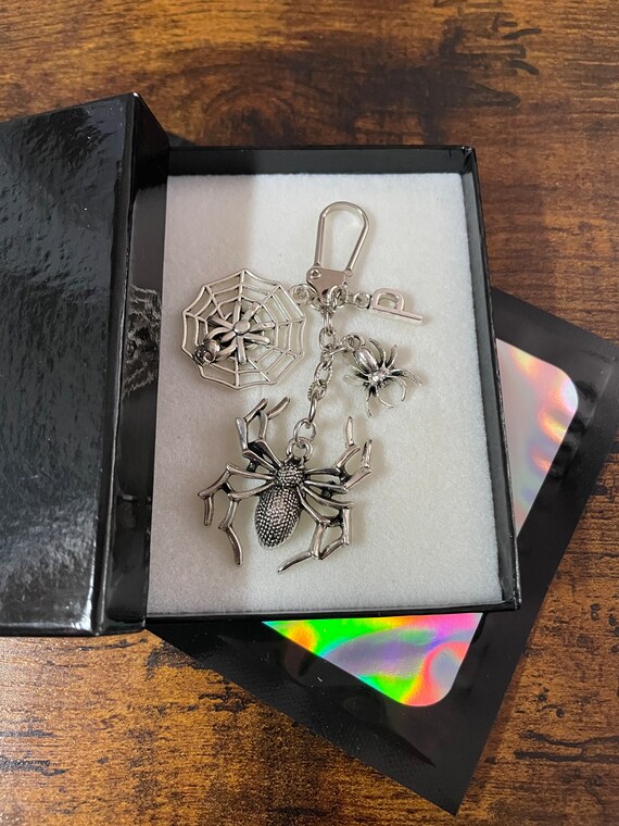 PERSONALISED Initial Letter LARGE Spider web small spiders key ring charm pendant gift box Halloween birthday novelty scare fest tarantula