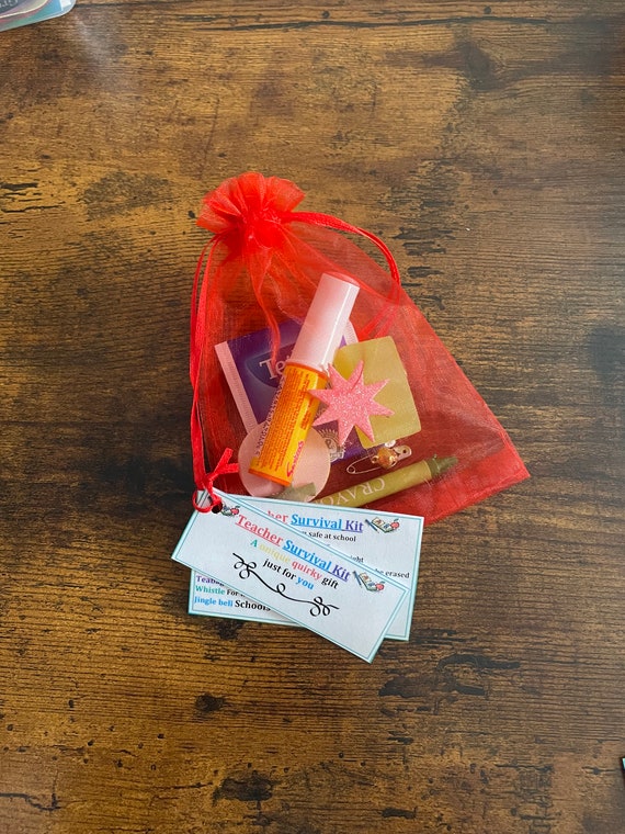 TEACHER Survival Kit Fun Novelty Gift Present End Of Term Thank You Christmas Unique Quirky Card Organza Bag Crayon Star Happy Face Eraser