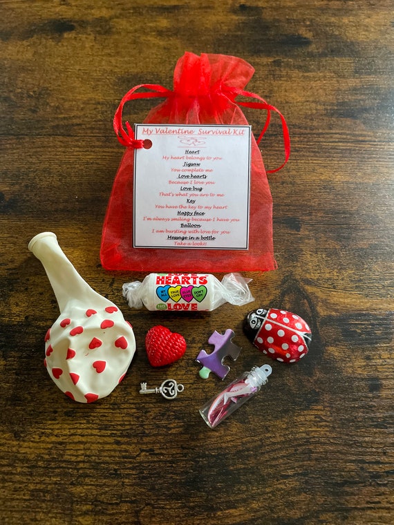 My VALENTINE Novelty SURVIVAL Kit Fun Quirky Items With Meanings Organza Bag Card Love Sweets Key Message In Bottle Chocolate Hearts