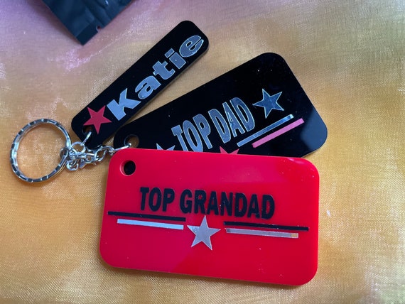 PERSONALISED Top Dad Top Grandad Red Black Key Ring Fob Set Keepsake Gift Birthday Christmas Gift Boxed Gift Bag Vinyl Print Names Childs