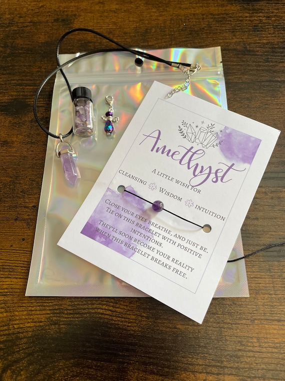 AMETHYST A Little Wish Set For Cleansing Wisdom Intuition Crystals Angel Rocks Necklace Bracelet Gift Bag Positivity Keepsake Chakra Healing