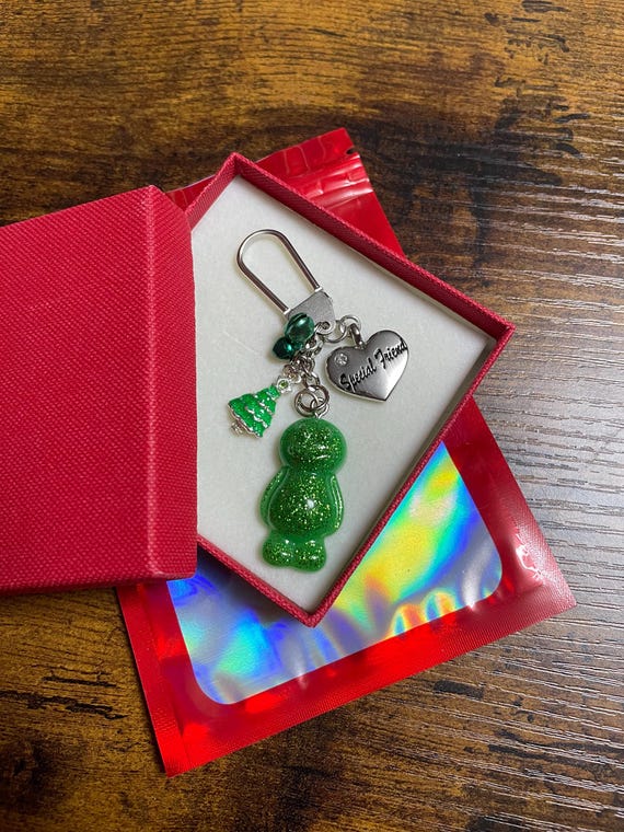 Christmas GREEN Glitter Jelly Baby Ket Charm Gift For Anyone Gift Boxed Or Bag Stocking Filler Keepsake Fun Quirky Family Jingle Bells