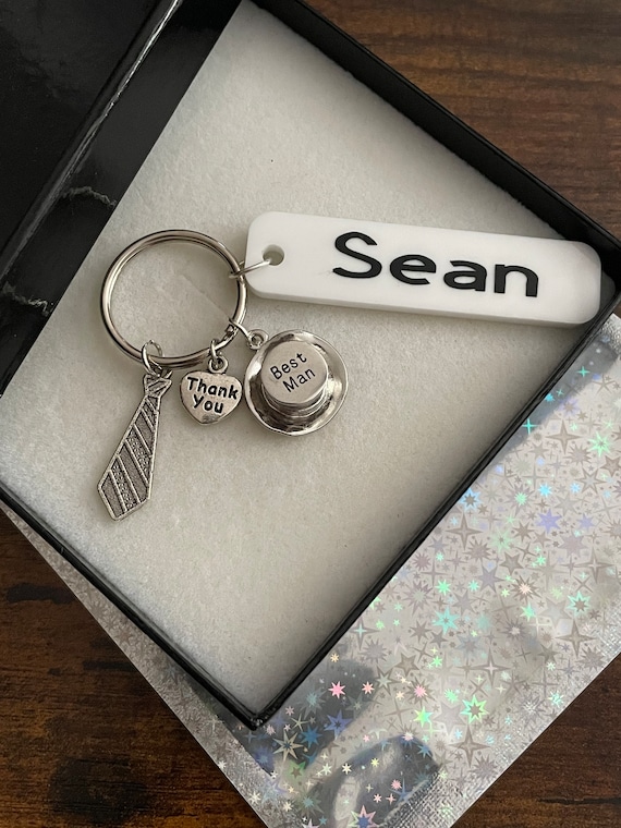PERSONALISED Name Thank You For Being Our Best Man Usher Pageboy Key Ring Charm pendant Top Hat Tie Thank You Name Gift Box Bag Any Message