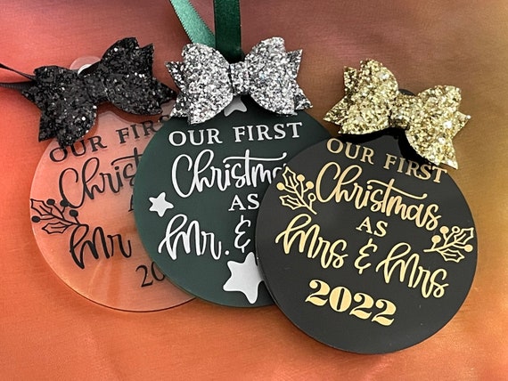 Mr Mrs and Mr Mr and Mrs Mrs First Christmas Tree Decoration Keepsake 2022 Bauble Civil Marriage Couple Any Colours Acrylic Vinyl Print Bag