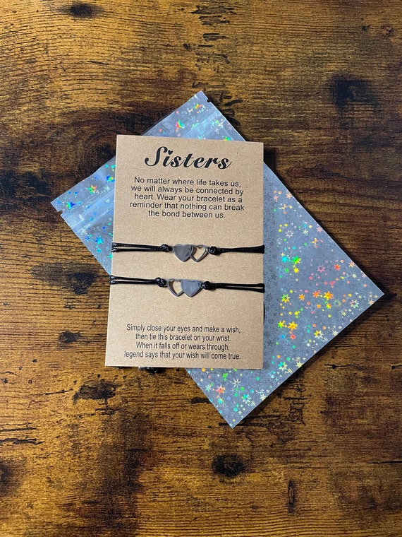 SISTERS Make A Wish Heart Charm Bracelet Keepsake Each Other Gift Leather Cord Pull Carded Gift Bag Birthday Christmas 2 3 4 Sisters Sets