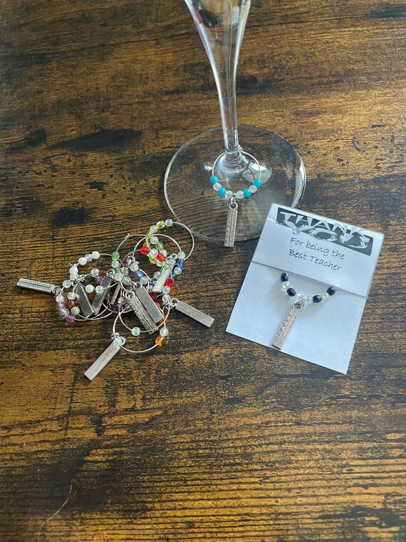 THANK YOU Wine Glass Charms Teachers Teaching Assistant Nursery Helper Fun Ruler Charm Any Colour Beads Card Gift Bag Christmas End Of Term