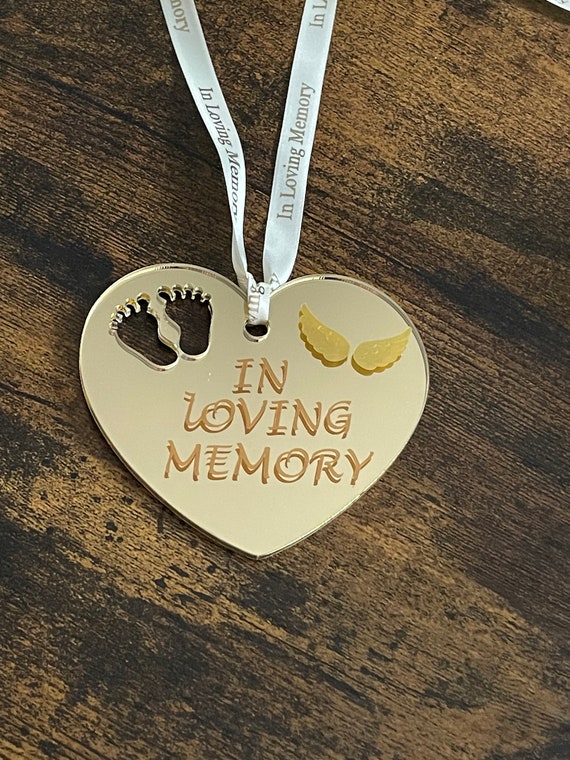 Angel baby in loving memory keepsake christmas tree or wall hanger baby feet angel wings memorial gold Mirror heart shape bauble decoration