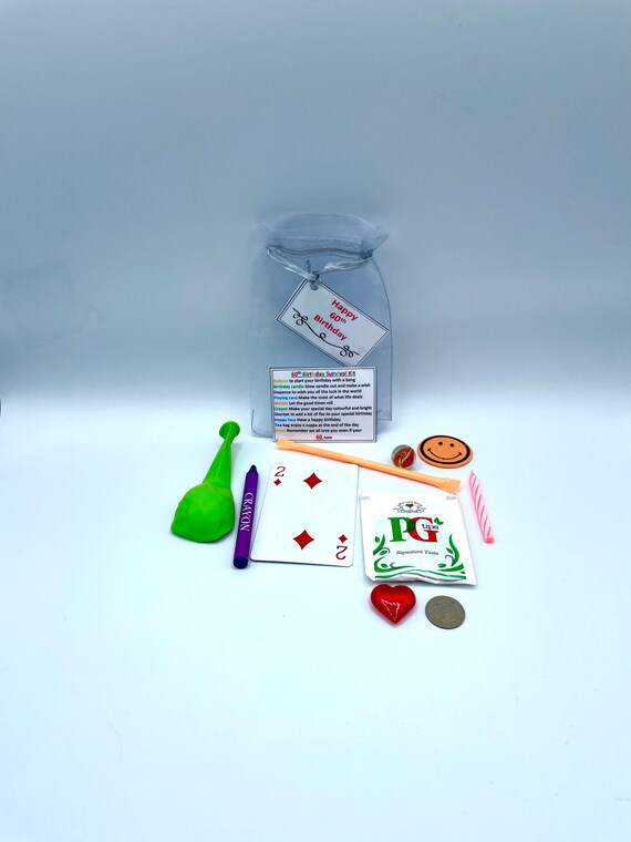 60TH SIXTY YEARS Survival Kit Fun Novelty Gift Present Birthday Greeting Cards Unique Quirky Colour Organza Bag Candle Card Balloon Smiles
