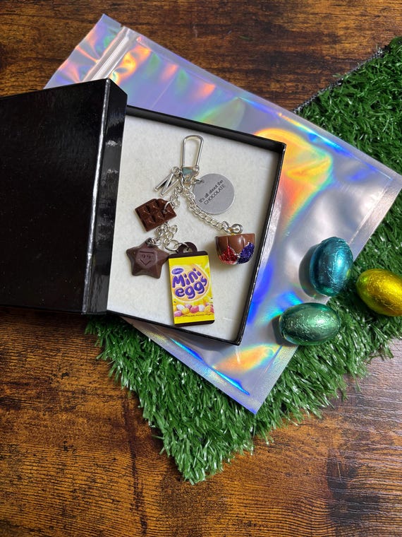 Personalised Letter Initial It’s All About The Chocolate Easter Birthday Food Lover Fun Novelty Key Bag Charm Mini Eggs Crème Egg Bar Gift