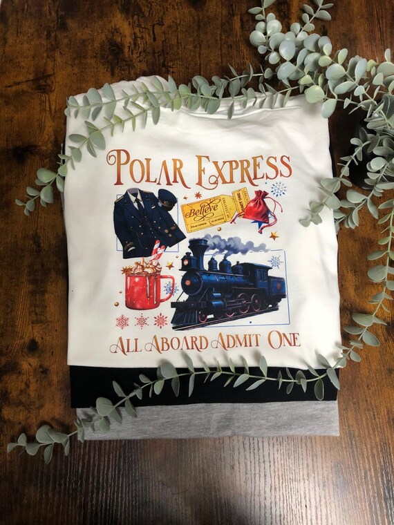 Polar Express Train Ride Printed T shirt Christmas Admit One Heat Transfer All Sizes Adult Child Fun Keepsake Gift Unique White T shirt Only