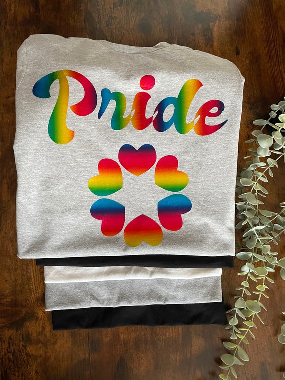 PRIDE Rainbow Colours Vinyl Printed T-shirt Hearts Logo Gay Lovers LGBTQ Month Celebrate Wear With Pride June Unisex Fun Novelty Quirky