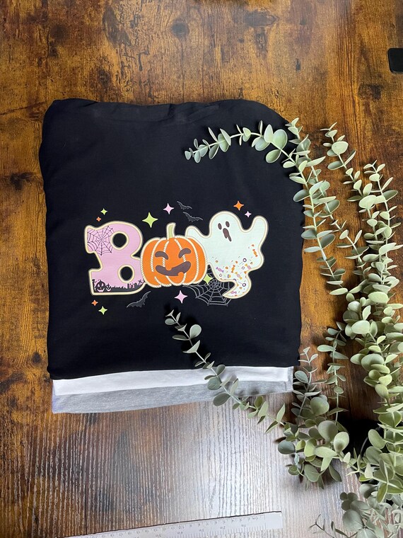 HALLOWEEN BOO! T Shirt Vinyl Printed Ghost Pumpkin We Colourful Woman’s Sizes Fun Novelty Keepsake Fruit Loom Tops Black White Grey Spooky