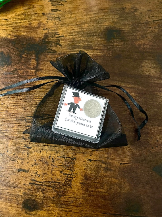 Groom to be lucky sixpence coin good luck on your wedding day keepsake gift for inside there suit marriage top hat poem gift bag best man