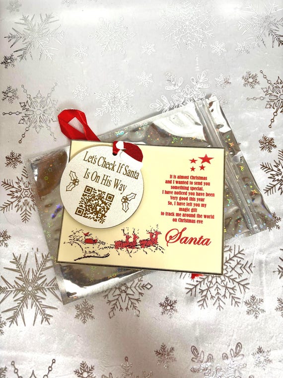 SANTA Tracker Bauble Tree Decoration Christmas Eve Box Gift Card Poem Ribbon Scan QR Code Father Christmas Ornament Glitter Hat Reindeers
