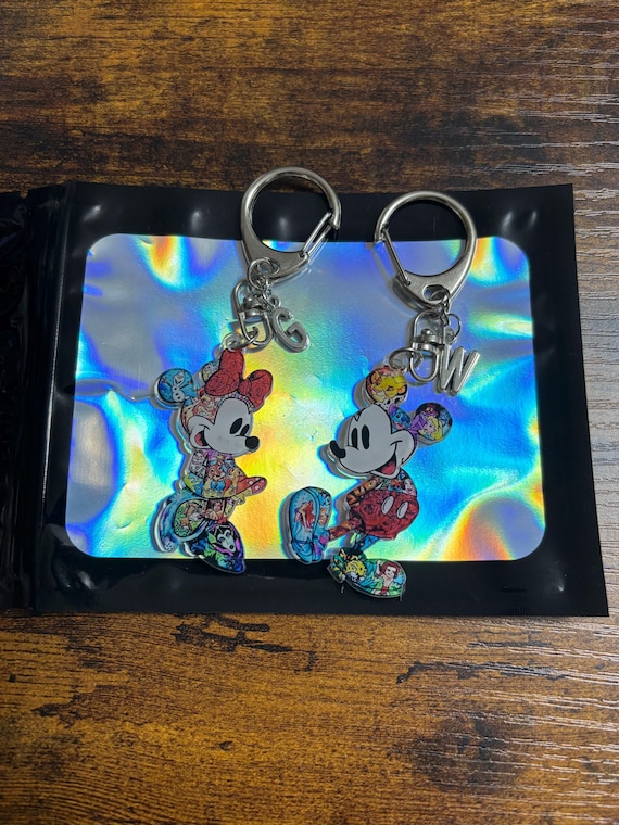 Personalised Initial Letter Mickey Minnie Art Pictures Keyring Charm Set Film Inspired Gift Box Bag Quirky Fun Keepsake Birthday Christmas