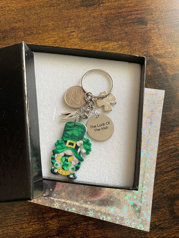 The Luck Of The Irish Lucky Silver Coin PERSONALISED Initial Letter Key Bag Charm Pendant Keepsake Leprechaun Shamrock Clover St Patricks