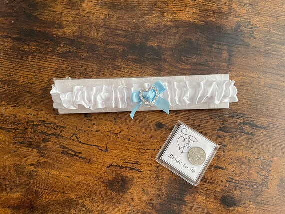 Bride White Satin With Crystal Rhinestone Heart Charm Blue Bow Garter And Lucky Sixpence Coin With Traditional Poem Shimmer Gift Bag Set