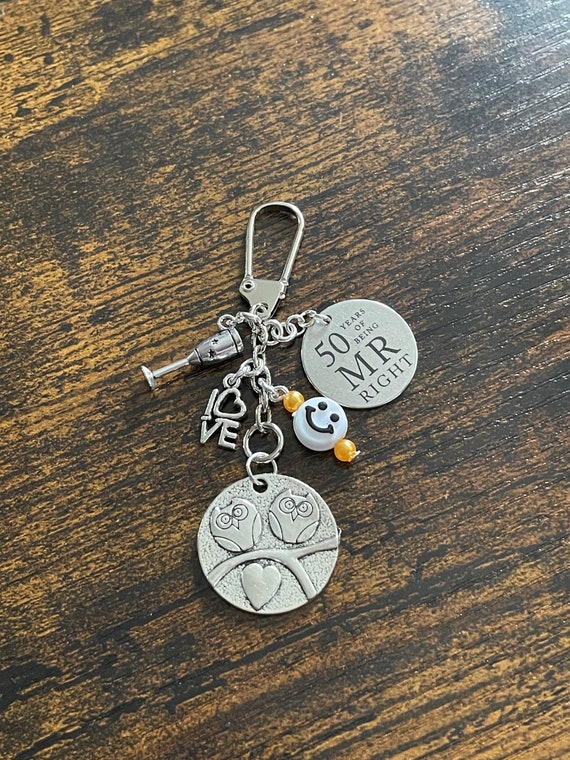 ALWAYS Mr or Mrs RIGHT 50th Anniversary Key Ring Or Bag Keepsake Charm Pendant Set Love Gift Box Champagne Glass Smiley Face Beads Wedding