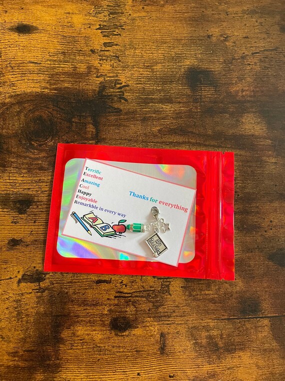 TEACHER Card Thank You Key Ring Any Colour Pencil Charm Stars No1 Blackboard Put Inside A card Extra Gift Meanings Shimmer Bag Lobster Clasp