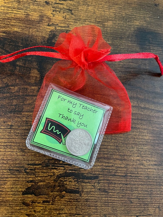 MY TEACHER lucky sixpence coin pouch gift to say thank you red green blue yellow silver colour card gift bag set keepsake xmas  end of term