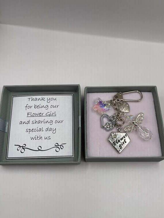 FLOWER GIRL Thank You Key Ring Or Bag Charm Gift Crystal Rhinestone Angel Fairy Butterfly Heart Diamond Shape Keepsake Wedding Gift Box