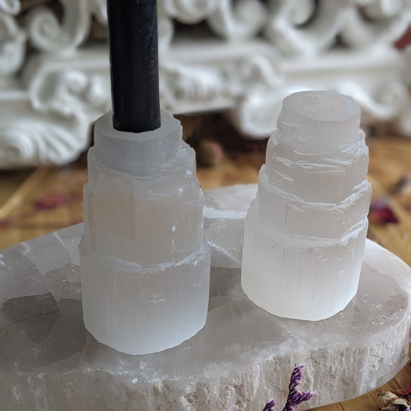 White Selenite Tower Chime Candle Holder for Mini Taper Spell Ritual Candle Natural Stone Altar Tool Wicca Pagan Magic Meditation Shrine