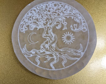 White Selenite Tree of Life Charging Plate Round Polished Crystal Grid 4" Cleansing Station Flat Healing Crystal Slab Natural Gypsum Stone