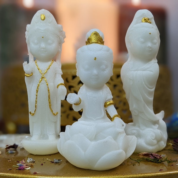 Small Buddha Quan Yin Statues White Gold Resin Buddhist Diety Goddess Sculpture Kwan Altar Guan Bodhisattva Divine Enlightenment Nirvana
