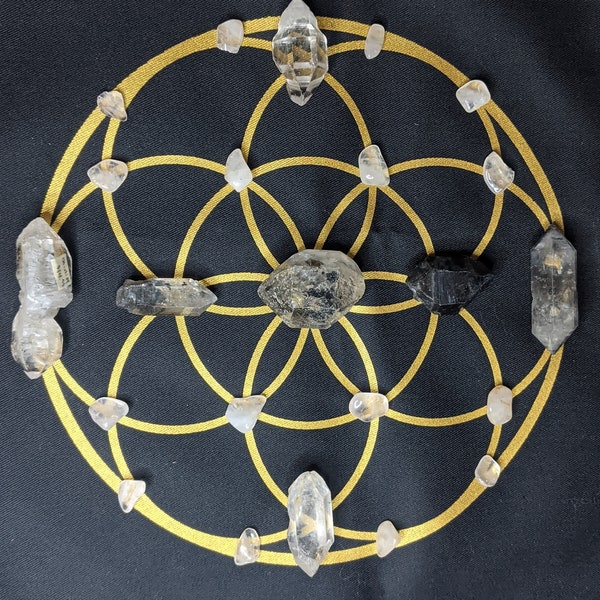 Crystal Grid Mat 12 x 12 Sacred Geometry Black and Gold Cloth for Crystal Grid, Tarot or Altar Metatron's Cube, Seed of Life, Flower of Life