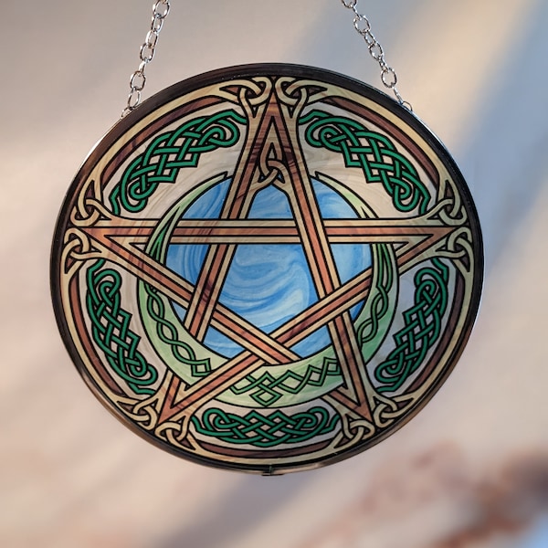 Celtic Crescent Moon Pentacle Sun Catcher Like Stained Glass Suncatcher Wiccan Pagan Pentagram Altar Decor Wall Hanging Window Art Eternity