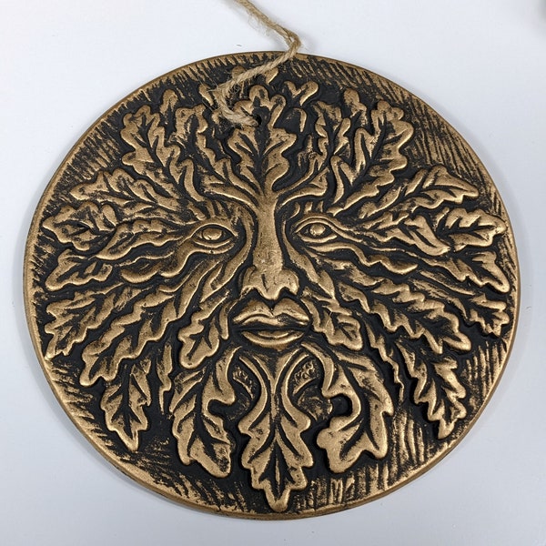 Large Bronze Colored Terracotta Green Man Plaque Wall Hanging Altar Tile Oak King Symbol Witch Magic Spells Rituals Renewal Horned Greenman