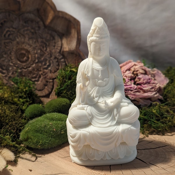 Meditating Kuan Yin White Statue Large Quan Yin Goddess Compassion Kwan Buddhist Hindu Buddha Figurine Mythology Altar Deity Sacred Feminine