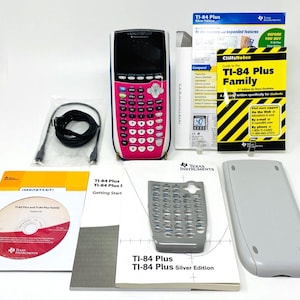May include: A TI-84 Plus Silver Edition graphing calculator with a pink keypad and black screen, accompanied by a USB cable, manuals, and a CD. The image also includes a calculator cover and a CliffsNotes guide.