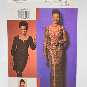 May include: Vogue Patterns sewing pattern envelope featuring a woman in a long-sleeved, patterned dress and a woman in a black dress. The envelope includes the text "7626 PATTERN/PATRON SIZE/TAILLE" and the Vogue Patterns logo.