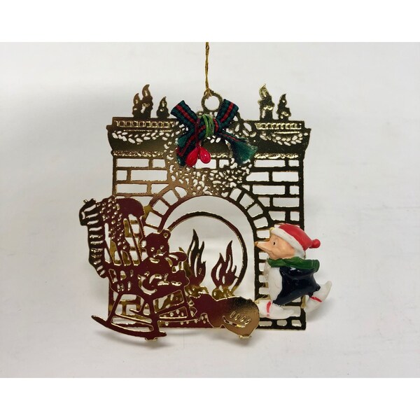 Vintage Christmas Ornament, Brass Dipped in Gold, Mantel, Fire Place, Rocking Chair, Skating Penguin