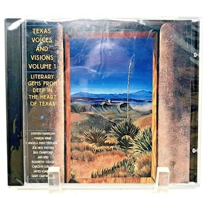 May include: A CD case for "Texas Voices and Visions Volume 1" featuring a landscape painting of a desert scene with a blue sky. The text on the case reads "Literary Gems From Deep in the Heart of Texas."