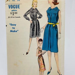 May include: Vintage Vogue sewing pattern featuring illustrations of three dresses. The pattern includes the text "Easy to Make" and the size information: bust 32, hip 34. The cover has a cream background.