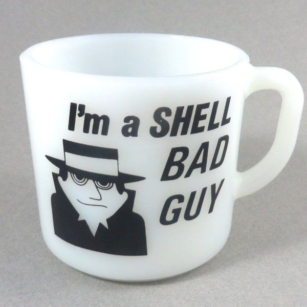 Vintage Shell Oil Bad Guy Mug, 80's Coffee Cup, I Had a Bad Idea, Shell Oil Advertisement, Anchor Hocking, Milk Glass