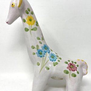 Vintage Italian Pottery Giraffe Piggy Bank Figurine w/ Flowers, Italy Ceramic
