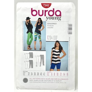 May include: A sewing pattern for leggings, featuring the "burda young" logo. The pattern includes images of leggings in various styles and sizes, with text in English, French, and German. The pattern sizes range from 32 to 42 (EUR) and 6 to 16 (US).