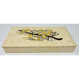Vintage Vinyl Dresser Box 60&#39;s Style Jewelry Storage Vanity Yellow Flowers Gold