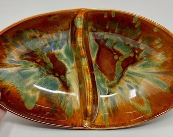 poterie vintage Dryden Hot Springs, bol à vaisselle divisé, glaçage goutte à goutte, couleurs d'automne