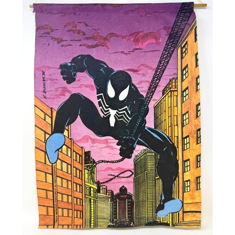 vintage 1986 Spider-Man tissu feutre bannière riche boucle art costume noir image 1